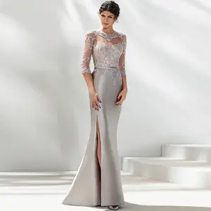 Fashionable Lace Mother of the bride Groom Dresses Long Sleeves Sequin V neck Chiffon Formal Evening Party Gowns
