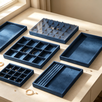 Plateau de présentation de bijoux en velours bleu marine, organisateur multi-compartiments pour bagues, boucles d'oreilles et colliers, pour tiroir ou armoire de bijouterie