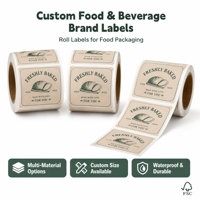 Rouleau d'étiquettes adhésives professionnelles personnalisées avec logo couleur, imperméables, pour aliments pour animaux, collations, huile d'olive, pain, salade