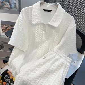 Completi Estivi Eleganti da Donna in Jacquard Bianco <span class=keywords><strong>con</strong></span> Polo Sportiva Casual <span class=keywords><strong>con</strong></span> Cerniera e <span class=keywords><strong>Pantaloncini</strong></span>, Set da 2 Pezzi, Tute da Ginnastica - Product Image 1