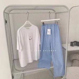 Nouveau femmes Plaid pyjamas pantalon tenue décontracté adulte mode maison sous-vêtements à manches courtes été automne printemps 95% Polyester tricoté - Product Image 1