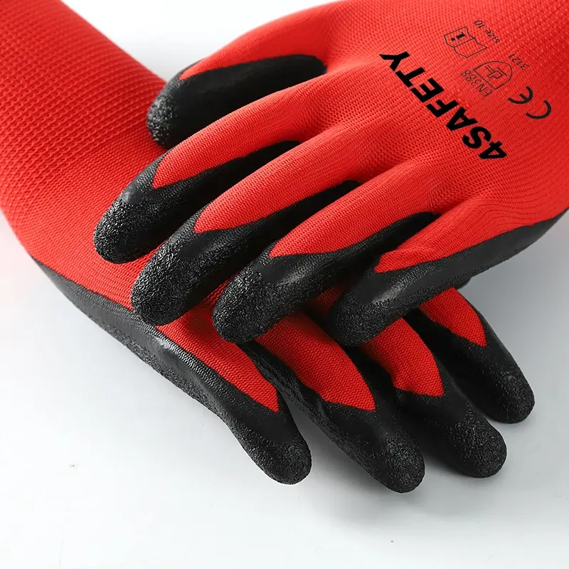 Black Red Polyester Non-Slip Wrinkle Latex Coated Safety Work Construction Gloves