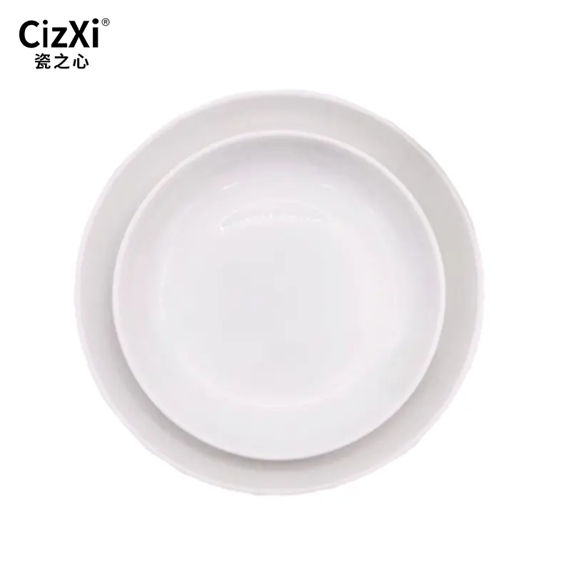 Chinese factory new style spaghetti steak snack tableware round plain white decal fine porcelain deep soup fruit dinner plate