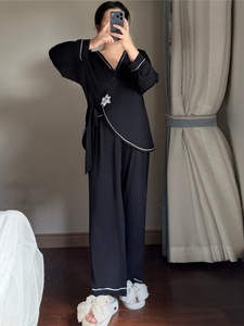 Conjunto de Pijamas de Manga Longa para Mulheres Tamanho Extra Grande, V-neck, Sólido, para 1-150kg, Roupas Confortáveis para Casa, Cardigan Solto - Product Image 3