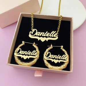 Set di Orecchini e Collana in Bambù con Nome Personalizzato, Targhetta Personalizzata in <span class=keywords><strong>Acciaio</strong></span> <span class=keywords><strong>Inossidabile</strong></span> <span class=keywords><strong>316L</strong></span>, Placcatura in Oro 18K PVD, <span class=keywords><strong>Gioielli</strong></span> Hip Hop Impermeabili - Product Image 2