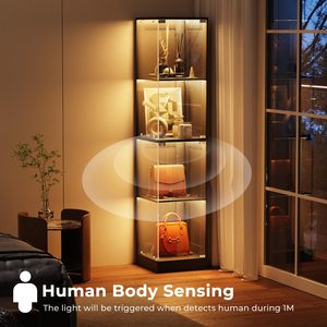 Vitrine d'angle SENYU avec portes transparentes, éclairage 3 couleurs, bibliothèque à 4 niveaux pour objets de collection, jouets et livres - Product Image 3