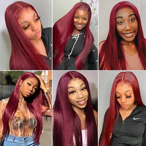 Women Wigs Red Color Brazilian Human Hair Natural Straight Swiss Lace 360 Lace Front Wig In Stock