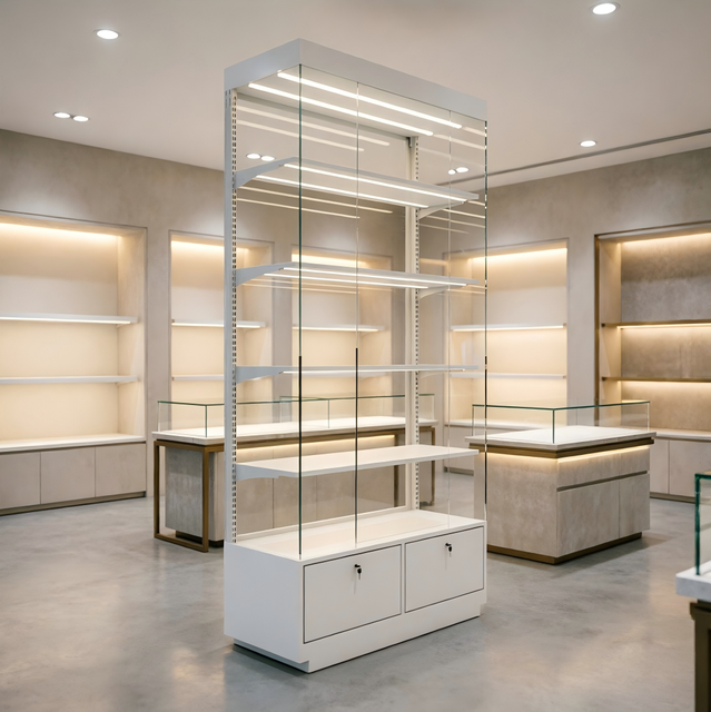 Luxury Glass Display Showcase Cabinets for Jewelry & Smoke Shop | Custom Retail Vitrine & Turnkey Store Design Solution