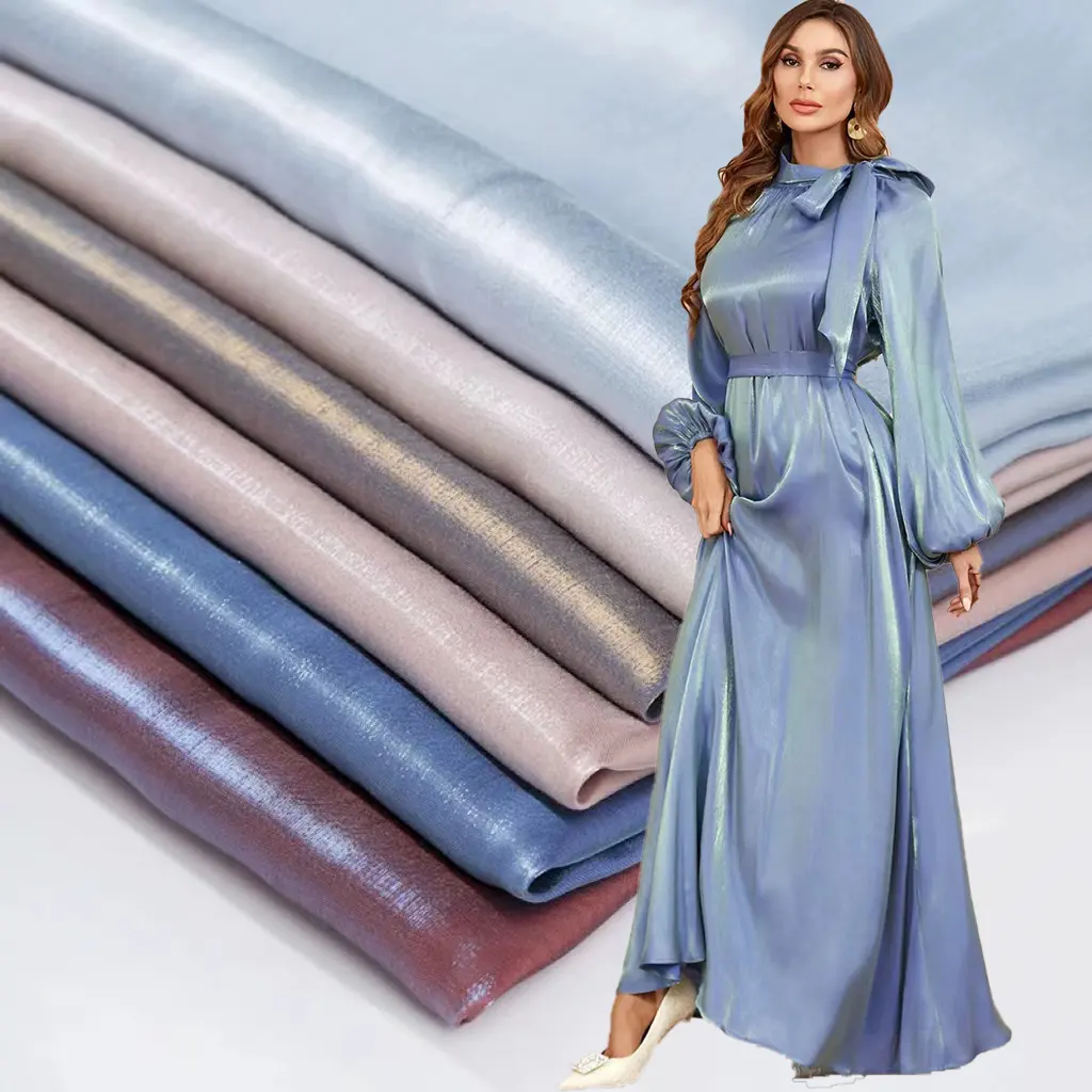 Dubai Turkey muslim women shinny color metallic wholesale polyester shimmer bridal satin fabric for clothing Abaya or hijab.