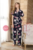 KISS ME ANGEL Pyjama deux pièces pour femme Chemise et pantalon imprimés fleurs à manches courtes Mode printemps automne et hiver