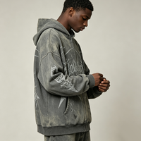 Sweat à capuche oversize effet vieilli avec fermeture éclair, imprimé graphique Kornit DTG motif épine gothique sombre, coupe ample streetwear