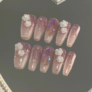 Lot de 24 faux ongles de luxe 3D en forme de rose blanche, avec paillettes irisées dégradées, en forme de cercueil, fabriqués à la machine en ABS, vente en gros - Product Image 1