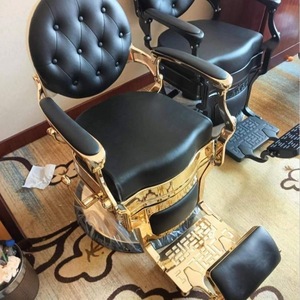 Antique Style Black Gold Tufted Leather Barber Shop Styling Shaving Chair Hydraulic Pump Round Base Hairdressing Chair for Sale - Product Image 4