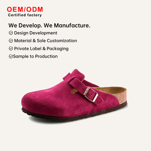 Mules de mujer de cuero nobuck con suela de madera 2026 en stock listos para enviar, sandalias sin talón de gamuza tipo zueco al por mayor - Product Image 1