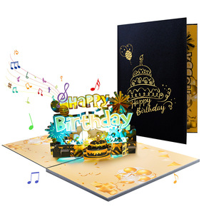 Tarjeta emergente <span class=keywords><strong>de</strong></span> Feliz Cumpleaños <span class=keywords><strong>de</strong></span> oro negro para novio, tarjeta <span class=keywords><strong>de</strong></span> <span class=keywords><strong>pastel</strong></span> <span class=keywords><strong>de</strong></span> cumpleaños 3D, tarjeta <span class=keywords><strong>de</strong></span> bendición hecha a mano tallada en 3D con música y Luz - Product Image 1