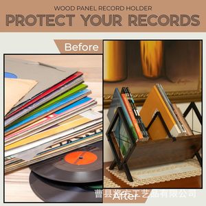 Wooden Record Stand With Iron <b>Frame</b> Single Layer Desktop <b>Vinyl</b> Cd Storage Rack For Home Office Use - Product Image 4