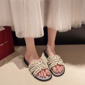 Chic Tweed Style Women Pearl <b>Flat</b> Slide <b>Sandals</b> Soft Breathable Sole Outdoor Beach slippers for Summer Daily Wear - Product Image 5