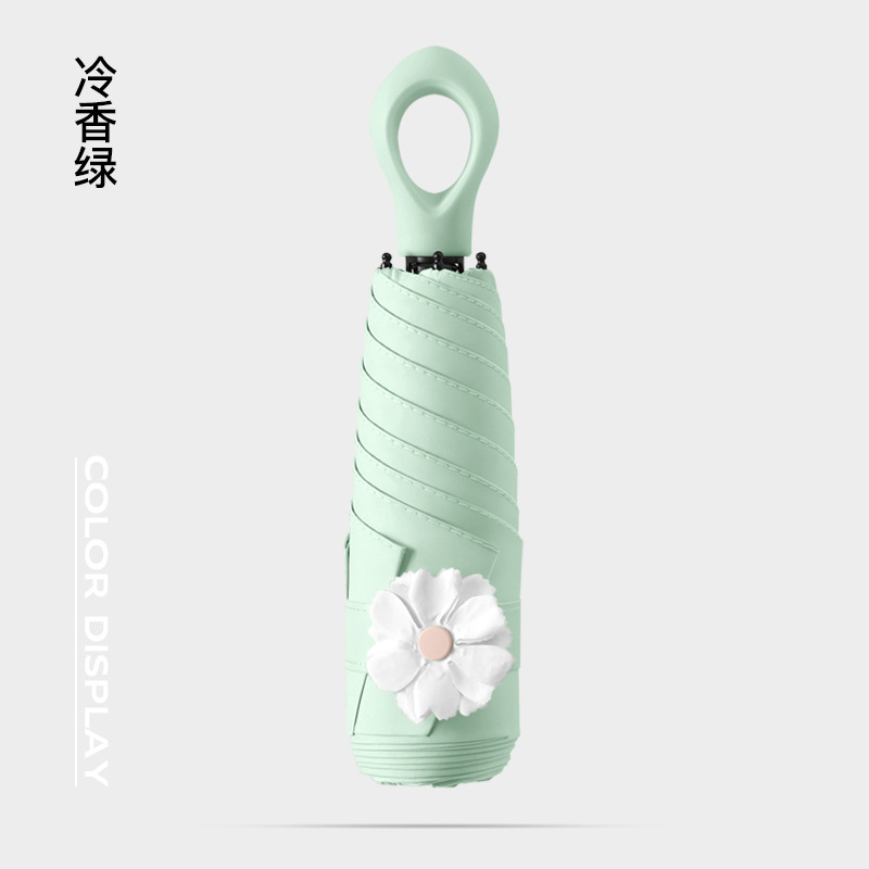 ร่มห้านิ้วสีเขียวเย็น 6 กระดูก พร้อมดอกไม้