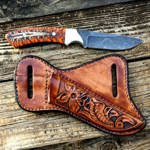 Custom Handmade Damascus Steel Hunting Knife Orange <b>Pinecone</b> Resin Handle Fixed Blade Skinner with Floral Tooled Leather Sheath - Product Image 1