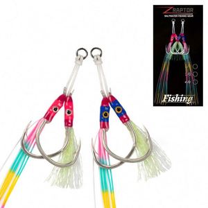 <span class=keywords><strong>Hameçon</strong></span> de pêche <span class=keywords><strong>BKK</strong></span> Double Assist Hook en soie lumineuse multicolore à haute teneur en carbone pour jigging lent, avec yeux adhésifs en résine époxy - Product Image 1