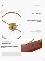 Lampe de bureau à anneau LED avec horloge, charge sans fil, gradation progressive, 3 températures de couleur, métal doré pour chambre à coucher, bureau