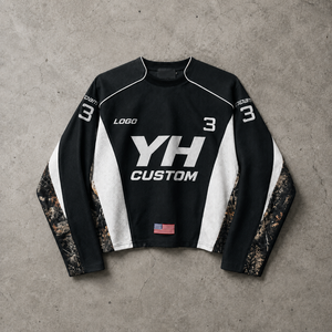 เสื้อเจอร์ซีย์แขนยาวผู้ชายแบบ OEM ODM สั่งทำได้ ผ้าตาข่ายโพลีเอสเตอร์ ลายพรางสีสันตัดกัน พิมพ์หมายเลข สำหรับมอเตอร์ครอส สตรีทแวร์ และแข่งรถ - Product Image 1