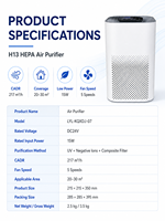 Purificateur d'air domestique intelligent WiFi HEPA13 avec ioniseur et photocatalyseur PCO, directement de l'usine