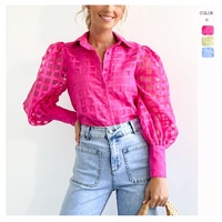 Vêtements personnalisés pour femmes Cardigan à revers Chemises à carreaux à manches longues Chemises à carreaux transparentes à manches lanternes