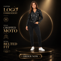 Veste en cuir PU noire à revers pour femme, style motard, personnalisable, avec logo brodé, vente en gros, en stock, fabricant OEM ODM