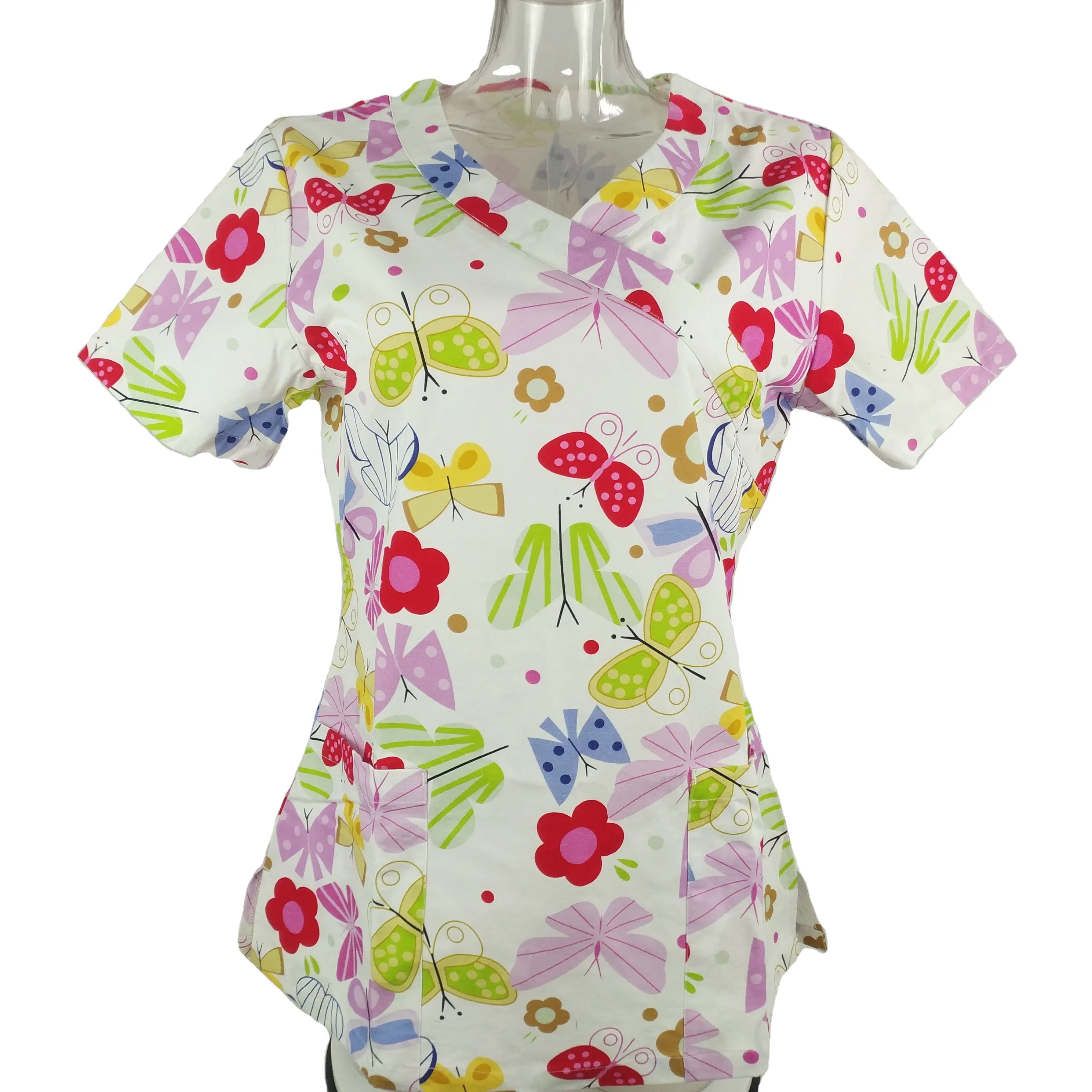 Mock Wrap Halslijn Schoonheidssalon Scrubs Bedrukt Biologisch Katoen Scrub Tops