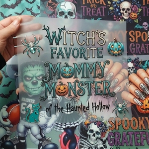 Autocollants de transfert thermique personnalisés pour Halloween, vente en gros, décalcomanies DTF « Mommy Monster » pour vêtements effrayants, décoration de t-shirts, approvisionnement en vrac - Product Image 1