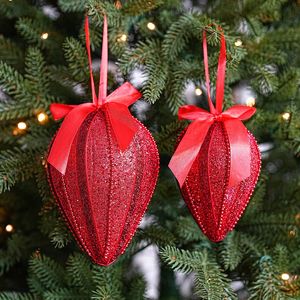 Ornements de Noël en mousse rouge et blanche scintillante en forme de larme LINGKAI, boules rayées avec nœud pour la décoration suspendue de l'arbre de Noël - Product Image 2