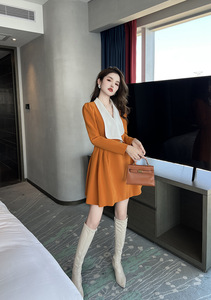 Mini abito Casual <span class=keywords><strong>arancione</strong></span> a tinta unita da donna con colletto rovesciato abito corto da cerimonia arricciato - Product Image 4