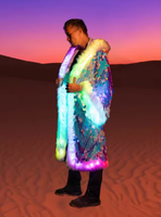 Nouvelle veste en fausse fourrure à paillettes argentées Patchwork LED Costume lumineux Applicable à plusieurs scénarios Manteau en fausse fourrure pour hommes