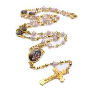 Collar de Rosario con Cuentas de Cristal Curvadas a Mano, Cadena de Metal, Joyería de Cristal de María para Rezar - Product Image 5