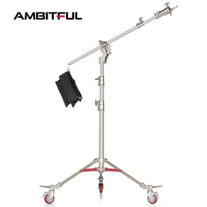 Heavy Duty Stainless Steel 4.4M Dual Purpose Light Stand with Boom Arm C Stand +Wheel Load Bearing 20KG for Studio Flash Softbox