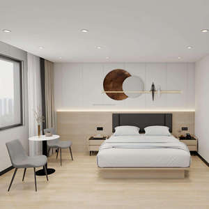 Commercial Standard Twin Room Hotel Bed Frame Sets Wooden <b>Wall</b> <b>Panel</b> <b>Headboard</b> With Nightstands For Boutique Hotel Homestay - Product Image 3