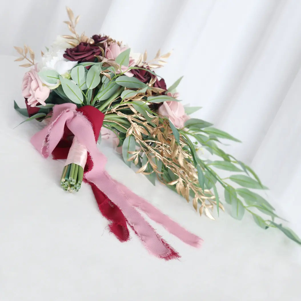 SPH034 Eco-friendly Competitive Wine Red Bean Paste Pink Water Drop Bridal  Bouquet for Wedding Home Decoration, image size:1054x1054