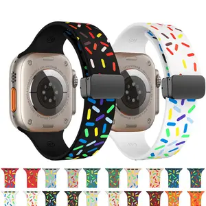 2023 Multicolor Regenboog Regendruppel Nieuwe Print Siliconen Band Magnetische Opvouwbare Gesp Voor Apple Watch Band