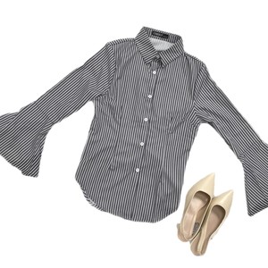 Chemisier <span class=keywords><strong>femme</strong></span> en polyester à manches longues, col en V, rayé, coupe ajustée, style décontracté, nouvelle mode automne, style transfrontalier Europe-Amérique - Product Image 5