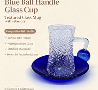 Ensemble de tasses à café classiques en verre borosilicate texturé, forme sablier, avec poignée boule bleue, 120 ml, et soucoupe à thé