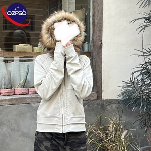 QZFSO Fleece Distressed Streetwear 420GSM Heavy Weight Oversized Cotton French Terry Zip up Detachable Faux Fur <b>Hoodies</b> <b>for</b> Men - Product Image 1