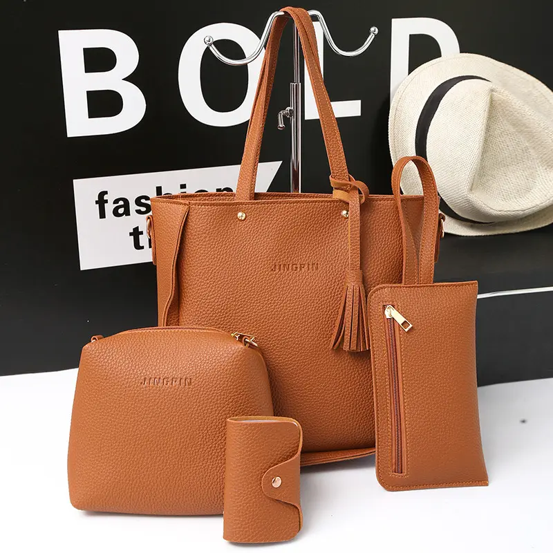 Venta al por mayor de bolsos de mano de gran capacidad para mujer, bolso de moda para mujer, monedero de cuero, conjunto de 4 piezas, bolso con cartera, bandolera