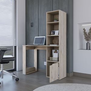 Bicknell Light Gray <b>Computer</b> <b>Desk</b> with Single Door Cabinet and 4 Tier Shelf - Product Image 1