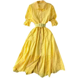 Женское легкое роскошное платье с вышивкой, летнее 2022 платье-рубашка с пышными рукавами и обтягивающим поясом, платье миди