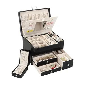Caixa organizadora de joias com 3 camadas, grande caixa de joias com bandeja removível para viagem e armazenamento de joias, design popular com espelho