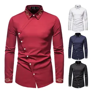 Designer Drop Shoulder Workwear Cardigan Button Embroidered Pattern Long Sleeve Polyester Men's Shirt