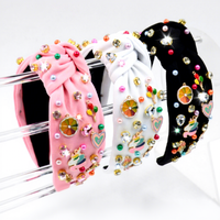 Nouveauté transfrontalière : Accessoires pour cheveux en tissu, faits main, à large bord, avec motifs Cœur Licorne, Perles, Diamants, Ballons, Amour et Arc-en-ciel, et ornements adhésifs