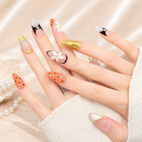 Ongles Press-On Faits Main de Luxe, Motif Fleur 3D Noir Orange, Faux Ongles Réutilisables, French Manucure Personnalisée, Vente en Gros