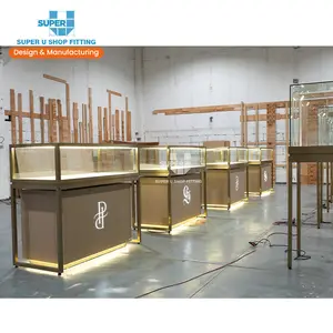 Custom Glass Jewellery Display Cabinet Trendy Stainless Steel Furniture Led Lighting Wooden Lockable Jewelry Shop Showcase